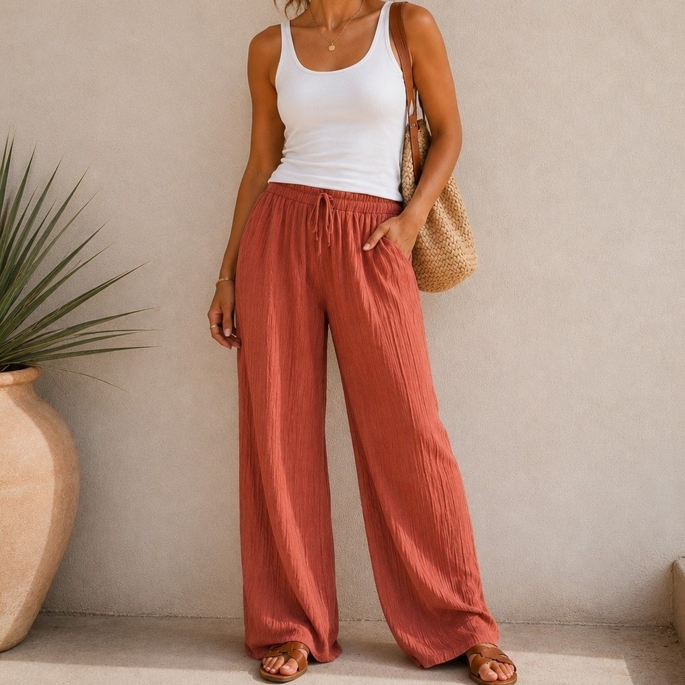 Jules & Leopold Rust Crinkle Textured Wide Leg Pants Womens Medium Drawstring